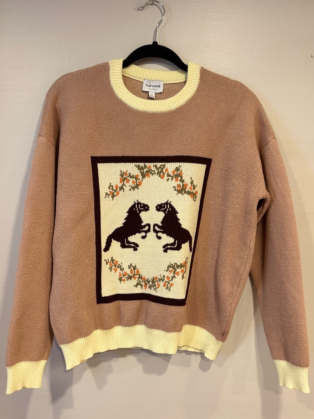 Anthropologie Beige & Cream Horse Motif Crewneck Sweater